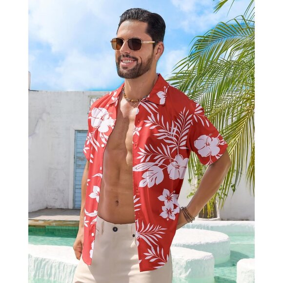 Men Red Hawaiian Wrinkle Free Short Sleeve Button Down Tropical Floral Shirt - Picture 4 of 5
